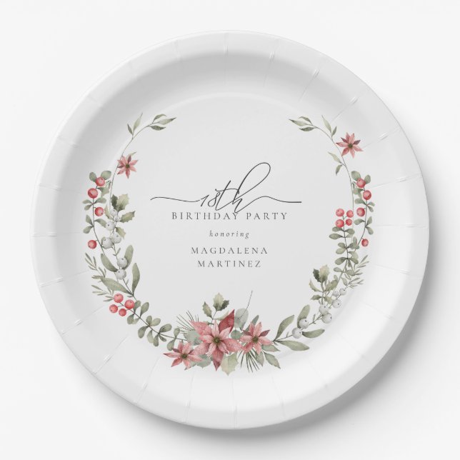Boho Winter Greenery Red Floral 18th Birthday Paper Plate (Front)