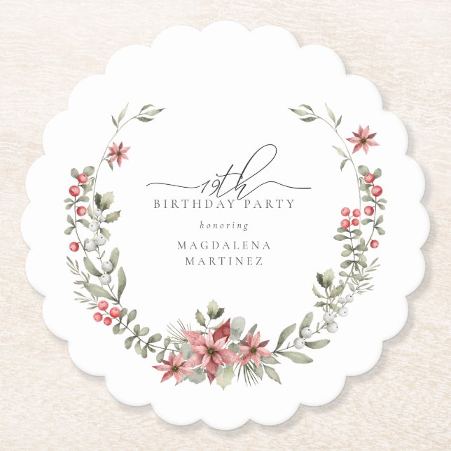 Boho Winter Greenery Red Floral 19th Birthday Paper Coaster (Front)