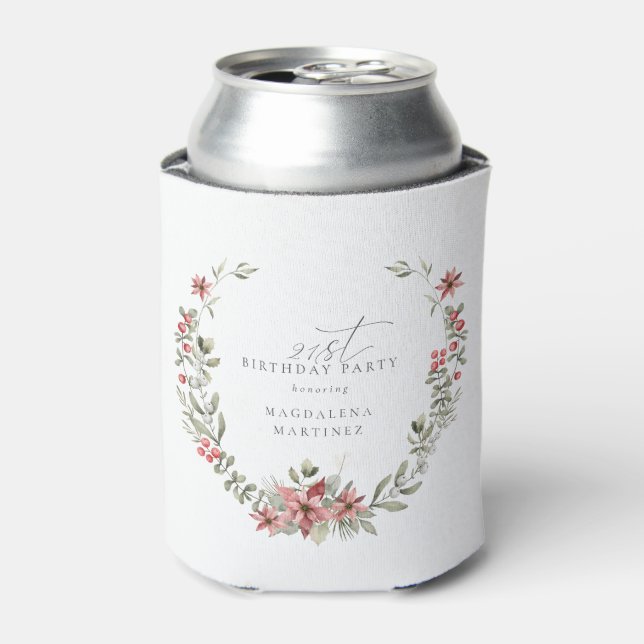 Boho Winter Greenery Red Floral 21st Birthday Can Cooler (Can Front)
