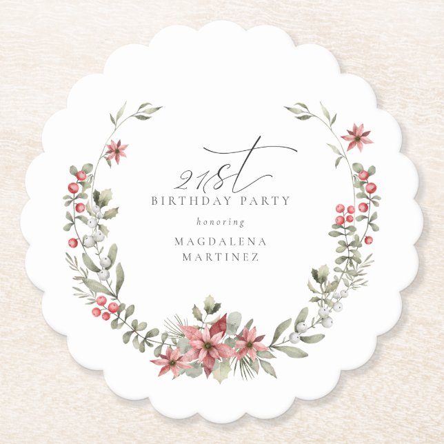 Boho Winter Greenery Red Floral 21st Birthday Paper Coaster (Front)