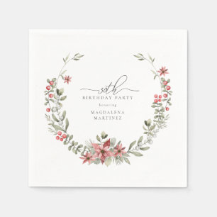 Boho Winter Greenery Red Floral 30th Birthday Napkin