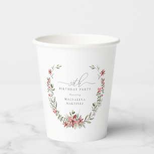 Boho Winter Greenery Red Floral 30th Birthday Paper Cups