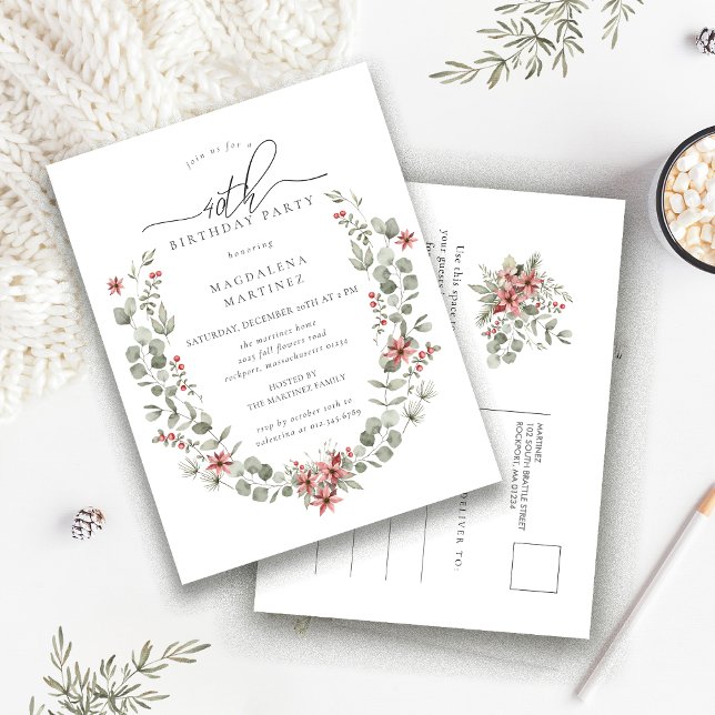 Boho Winter Greenery Red Floral 40th Birthday Invitation Postcard (Creator Uploaded)