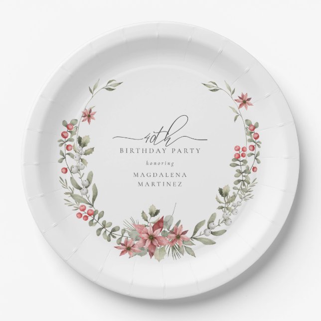 Boho Winter Greenery Red Floral 40th Birthday Paper Plate (Front)