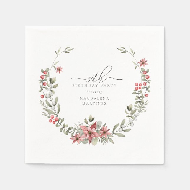 Boho Winter Greenery Red Floral 50th Birthday Napkin (Front)