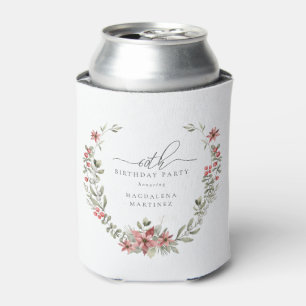 Boho Winter Greenery Red Floral 60th Birthday Can Cooler