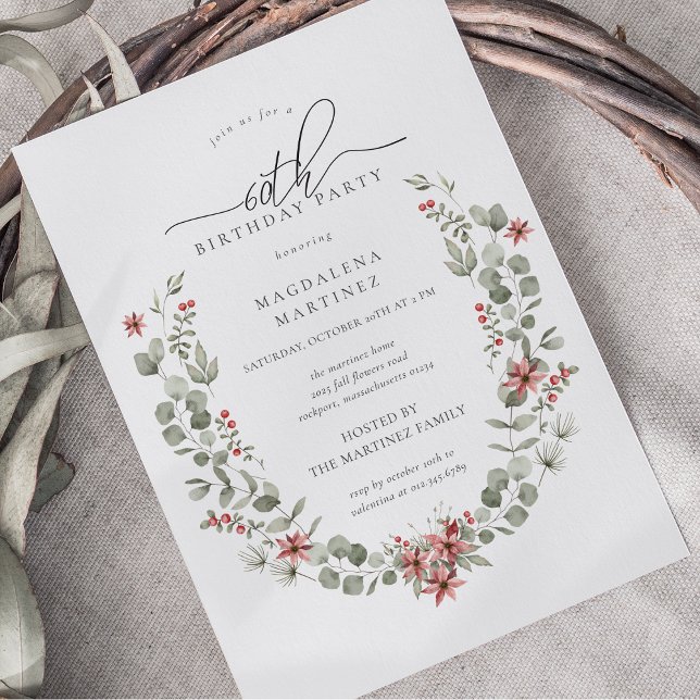 Boho Winter Greenery Red Floral 60th Birthday Invitation (Creator Uploaded)