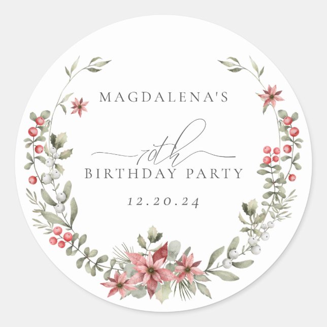 Boho Winter Greenery Red Floral 70th Birthday Classic Round Sticker (Front)