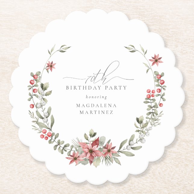Boho Winter Greenery Red Floral 70th Birthday Paper Coaster (Front)
