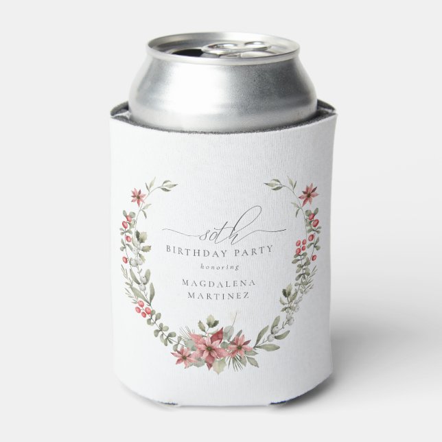 Boho Winter Greenery Red Floral 80th Birthday Can Cooler (Can Front)