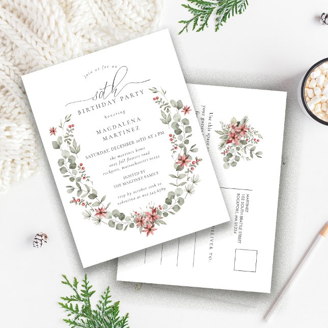 Boho Winter Greenery Red Floral 80th Birthday Invitation Postcard (Creator Uploaded)