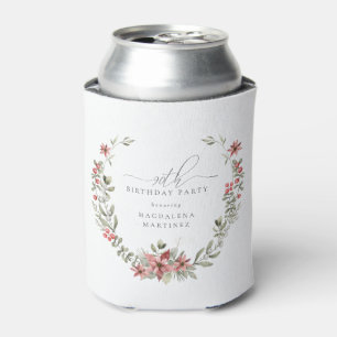 Boho Winter Greenery Red Floral 90th Birthday Can Cooler