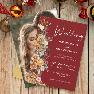 Boho Winter Holiday Wedding Burgundy Photo Invitation