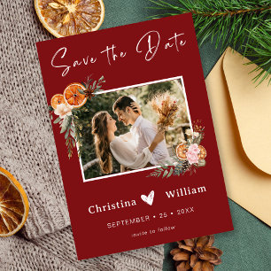 Boho Winter Holiday Wedding Burgundy Save the Date Invitation