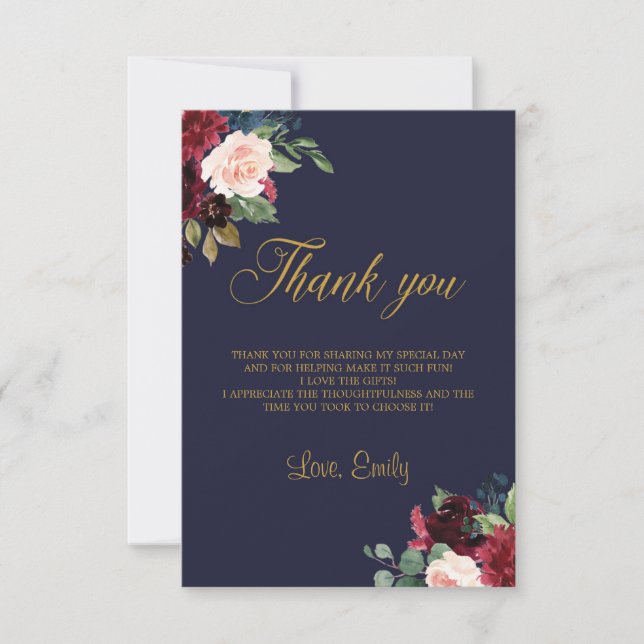 Boho winter navy burgundy floral bridal shower thank you card (Front)
