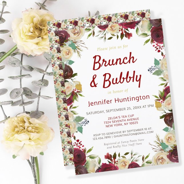 Boho Winter Roses Brunch & Bubbly Bridal Shower Invitation (Creator Uploaded)