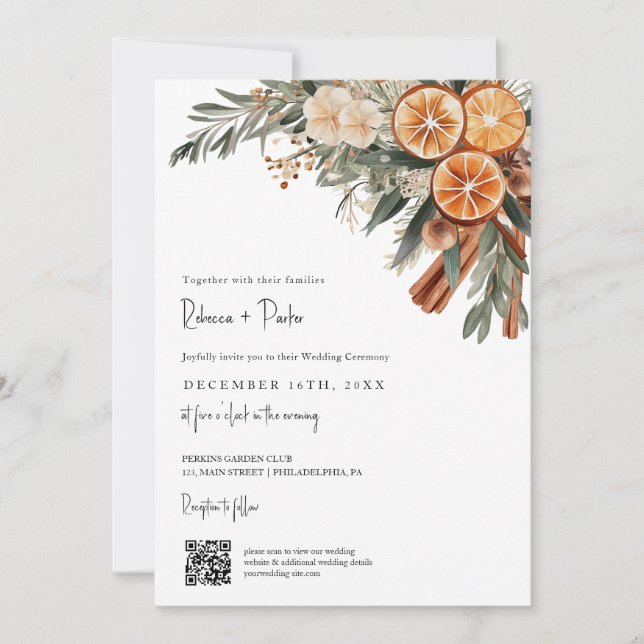 Boho Winter Wedding Qr code RSVP all in one Invitation (Front)