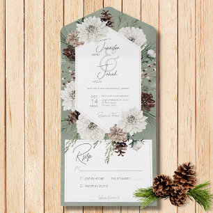 Boho Winter White Floral & Pine Green No Dinner All In One Invitation