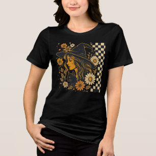 Boho Witch Cat Sunflower Halloween Dark T-Shirt Tri-Blend Shirt