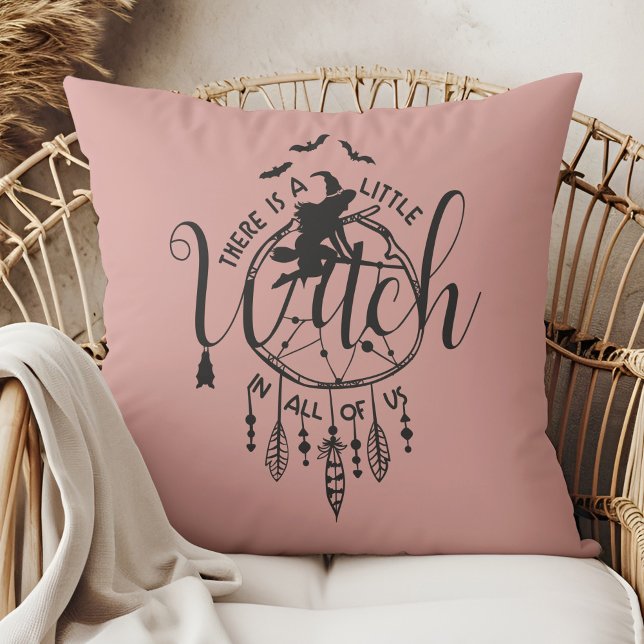 Boho Witch Vibes Tote – Little Witch in All of Us Cushion (Boho Witch Vibes – Little Witch in All of Us Throw Pillow in a boho rattan armchair.)