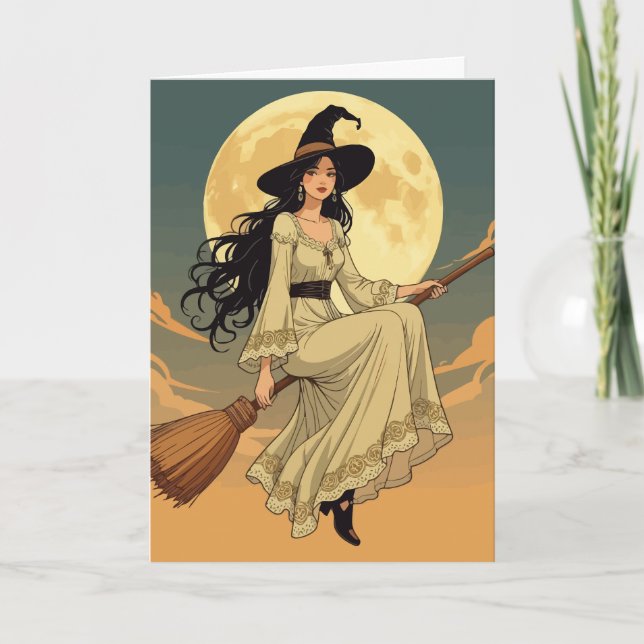 Boho Witchy Woman Astride A Besom Vector Art Holiday Card (Front)