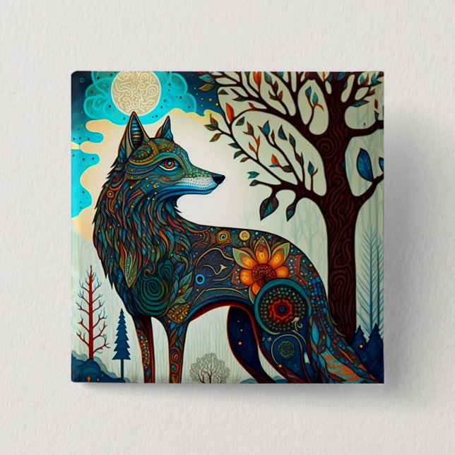 Boho Wolf Surreal Wildlife Art Button (Front)