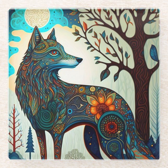 Boho Wolf Surreal Wildlife Art Glass Coaster (Front)