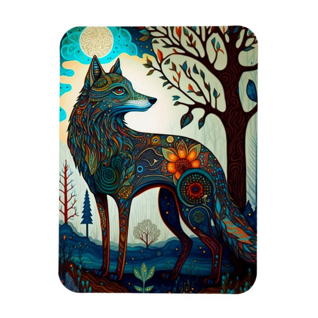 Boho Wolf Surreal Wildlife Art Magnet (Vertical)