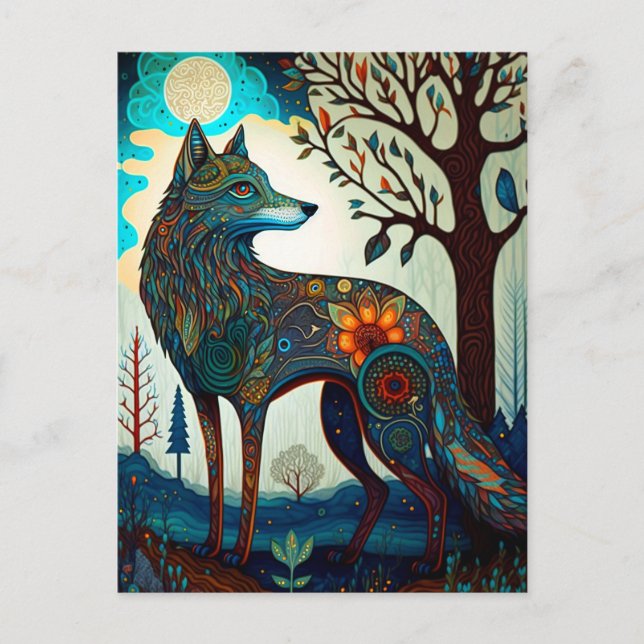 Boho Wolf Surreal Wildlife Art Postcard (Front)