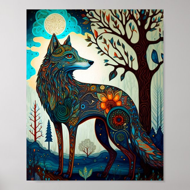 Boho Wolf Surreal Wildlife Art Poster (Front)