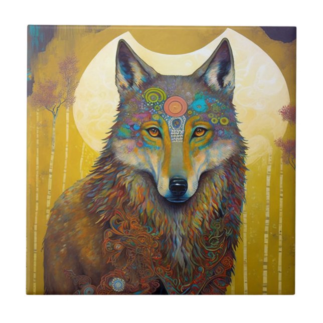 Boho Wolf Surreal Wildlife Art Tile (Front)