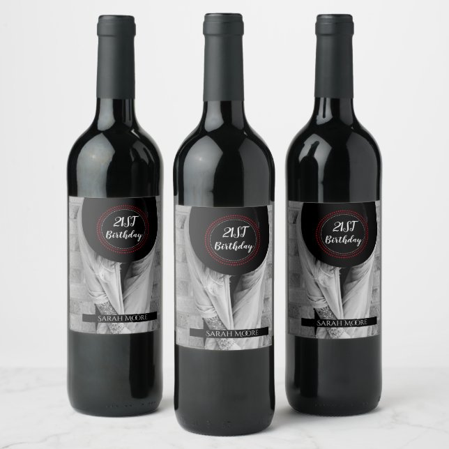 Boho Woman 21st Birthday Custom Photo Wine Label (Bottles)