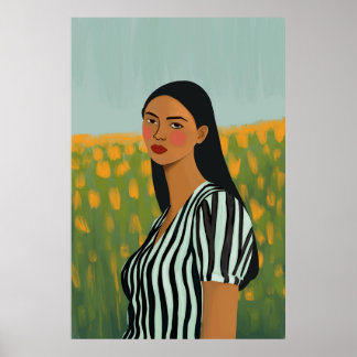 Boho woman flowers poster print art