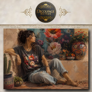 Boho Woman In Jeans Beside Colourful Flower Pots Tissue Paper