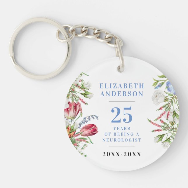 Boho Woman Retire Pastel Blue Floral Anniversary Key Ring (Front)