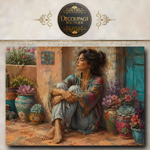 Boho Woman Sitting Among Colourful Flower Pots Tissue Paper