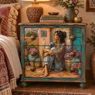 Boho Woman Sitting Among Colourful Flower Pots Tissue Paper