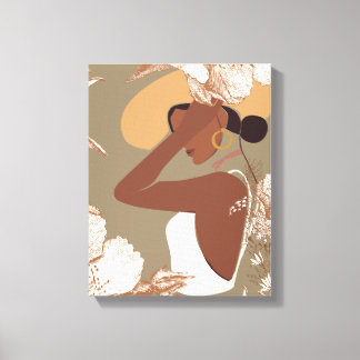 Boho Woman with Neutral Aesthetic Floral Line Art Canvas Print