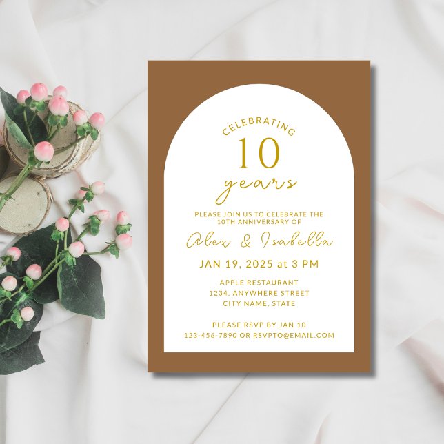Boho wood and Gold 10th Wedding Anniversary Party Invitation (personalized 10th wedding anniversary vow renewal invitation modern minimalist boho wood and gold)