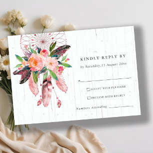 BOHO WOOD BLUSH DREAM CATCHER FLORAL WEDDING RSVP CARD