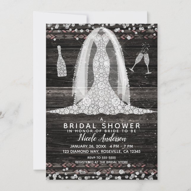 Boho Wood Chic Diamond Wedding Dress Bridal Shower Invitation (Front)