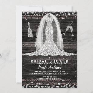 Boho Wood Chic Diamond Wedding Dress Bridal Shower Invitation