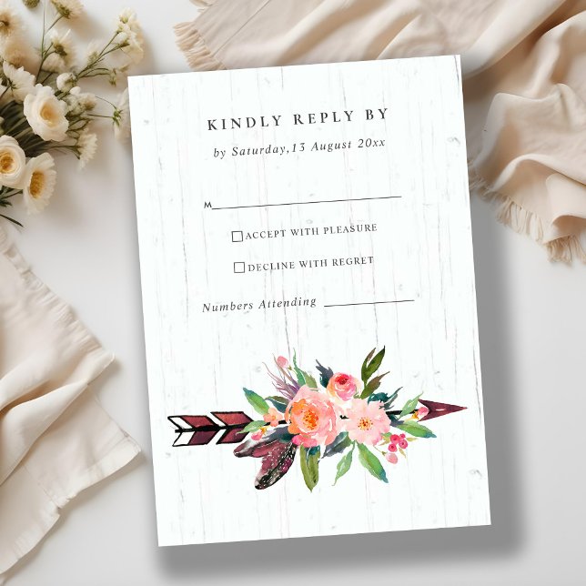 BOHO WOOD COUNTRY BLUSH ARROW FLORAL WEDDING RSVP (Creator Uploaded)