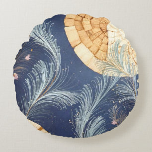Boho Wood Grain Fan and Navy Feather Botanical Round Cushion