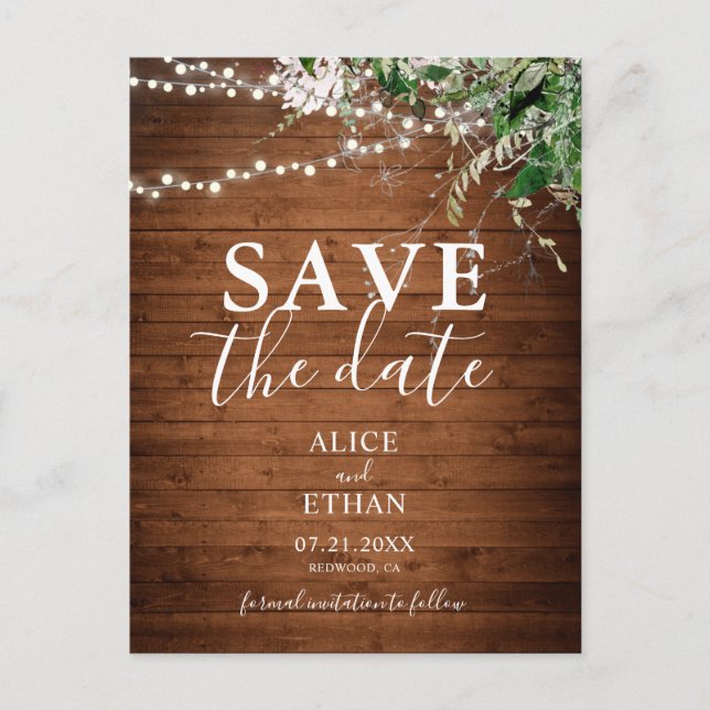 Boho Wood Greenery Script Wedding Save The Date Announcement Postcard (Front)