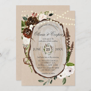 Boho Wood Slice Feather Marsala Floral Wedding In Invitation