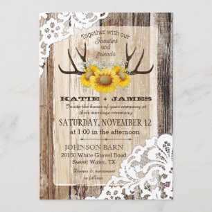 Boho Wood Sunflower Antlers Lace Rustic Wedding Invitation