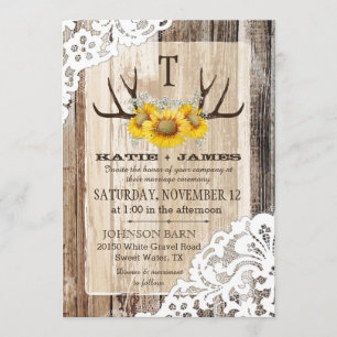 Boho Wood Sunflower Antlers Lace Rustic Wedding Invitation
