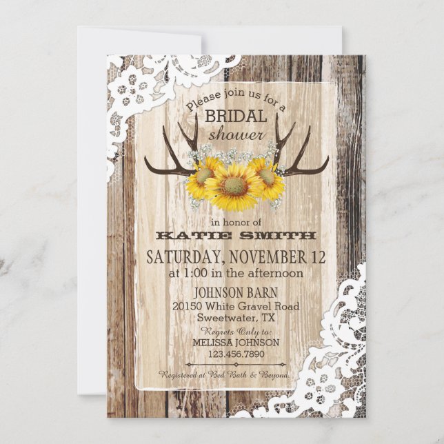 Boho Wood Sunflower Antlers Rustic Bridal Shower Invitation (Front)