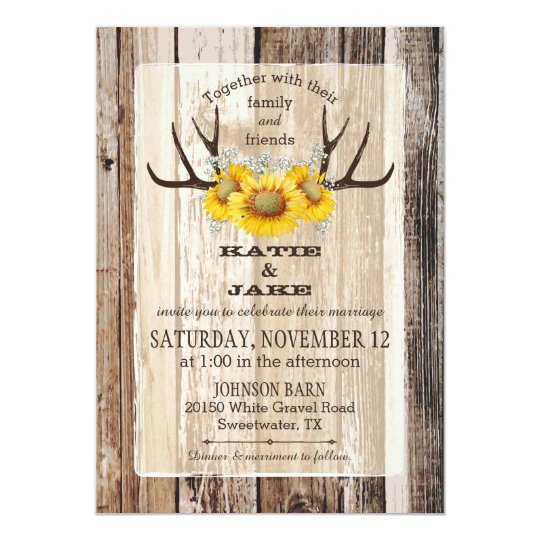 Boho Wood Sunflower Antlers Rustic Wedding Card